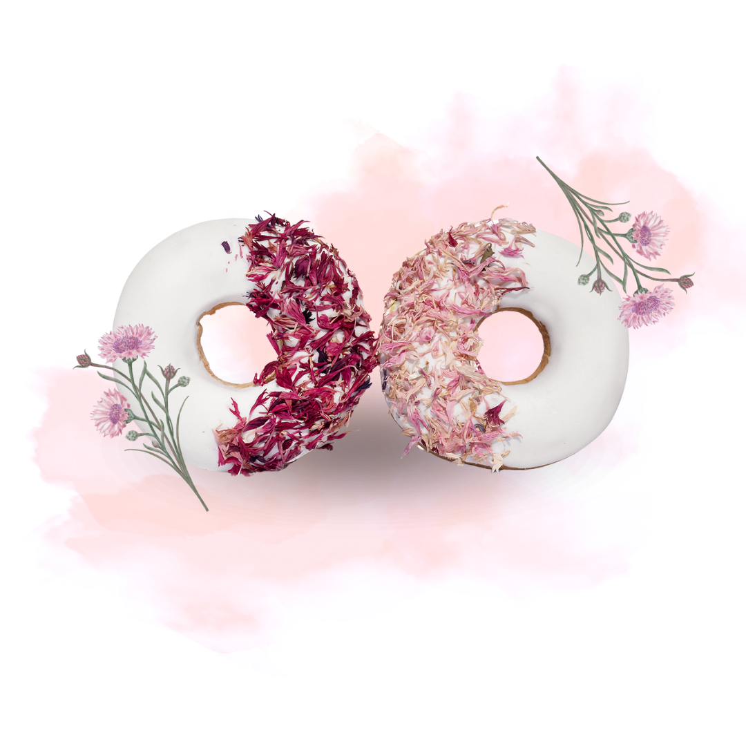 Donuts pink kornblomst I Sæt med 2 hestegodbidder i form af donuts med glasur og urter